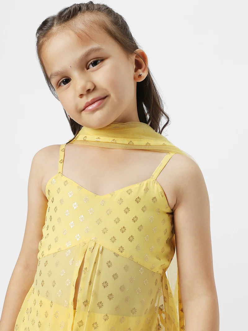Nautinati  Girls' Georgette Blend Ready-to-wear All-over Gold Toned Foil Print Lehenga & Blouse with Net Dupatta for Women | Best Price UAE